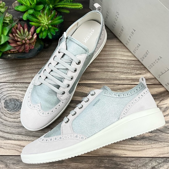 Geox Shoes | Nib Geox D Tahina B Wingtip Brogue Sneaker 40 10 Azureoff White | Color: Pink/Silver | Size: 10 | Weheartshoes's Closet